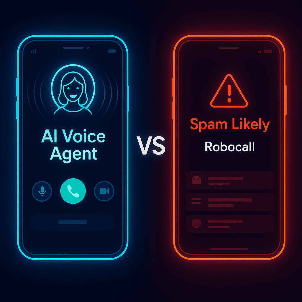 Split-screen illustration comparing an AI voice agent call and a spam robocall. The left phone glows blue with a friendly AI avatar and “AI Voice Agent,” while the right phone glows red with a “Spam Likely” robocall warning.