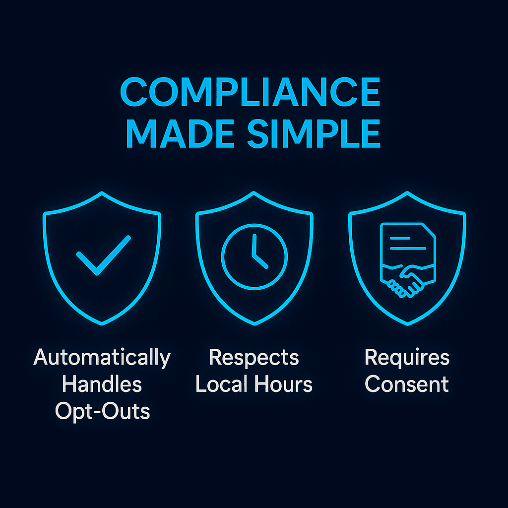 Three glowing blue shield icons on a dark background labeled “Automatically Handles Opt-Outs,” “Respects Local Hours,” and “Requires Consent,” representing Apten AI voice agent compliance features.