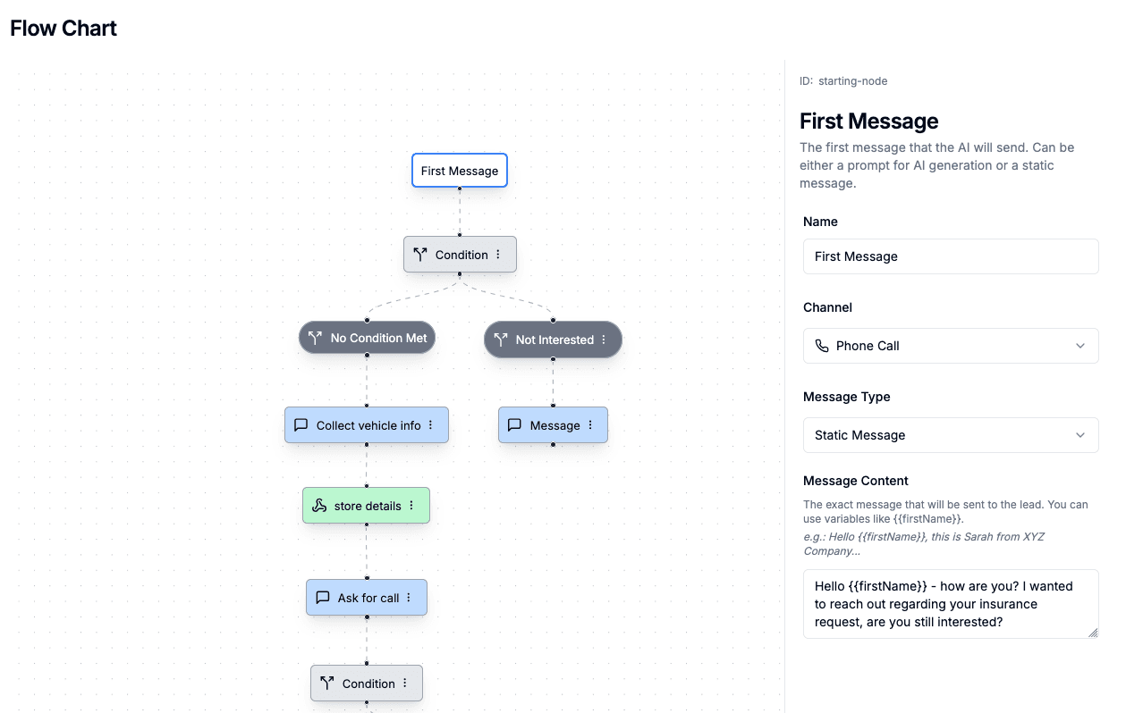 Drag-and-drop interface for building AI conversation